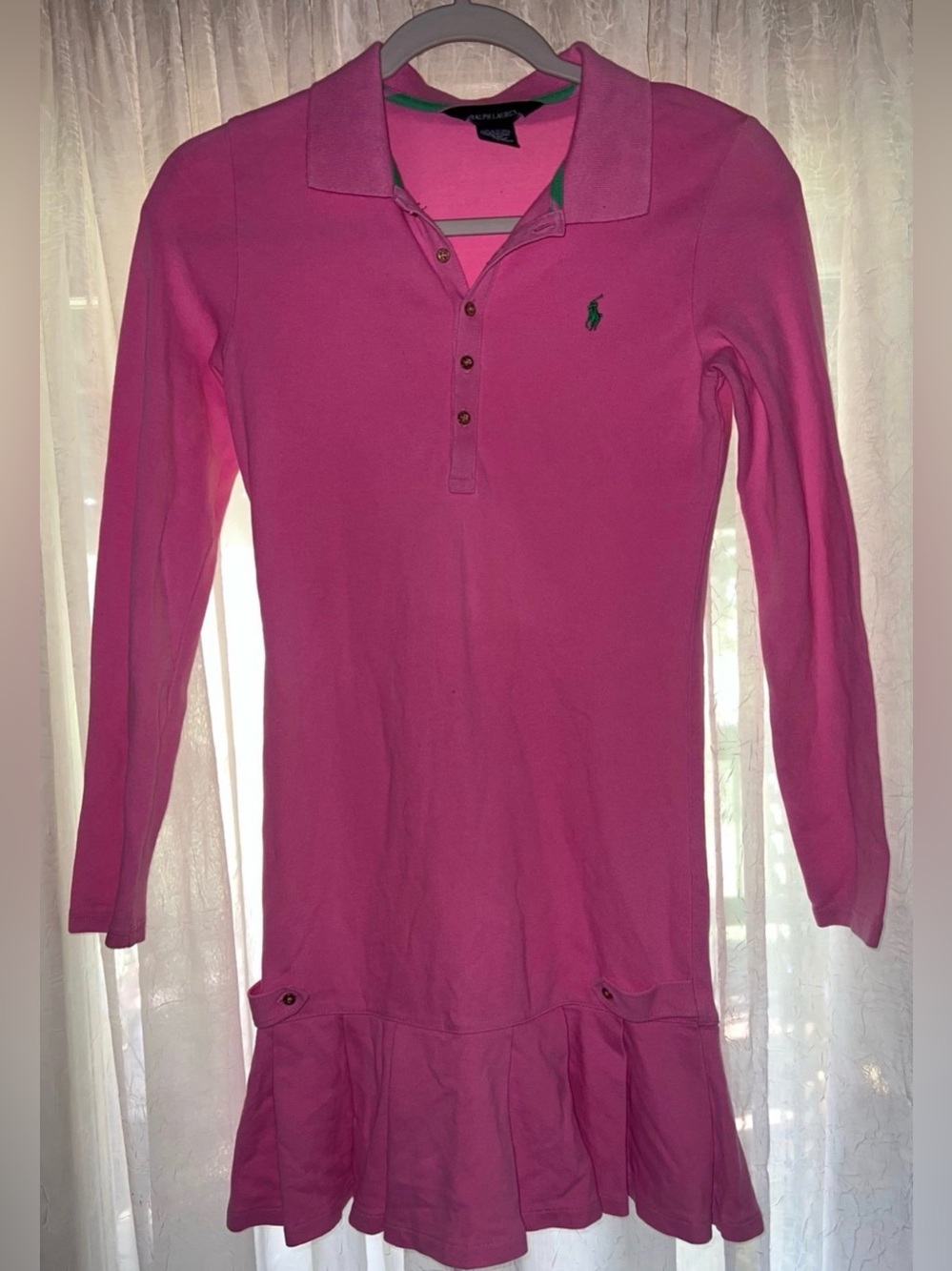 Polo Ralph Lauren Girls' Pink Long-Sleeve Drop-Waist Polo Dress Sz L 12/14 logo